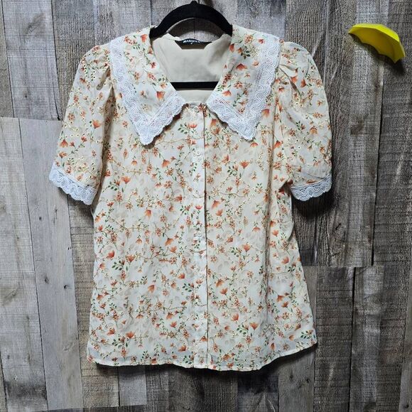 Allegra K Cream Eyelet Embroidered Floral Peter Pan Collar Button Down Blouse - Picture 2 of 6